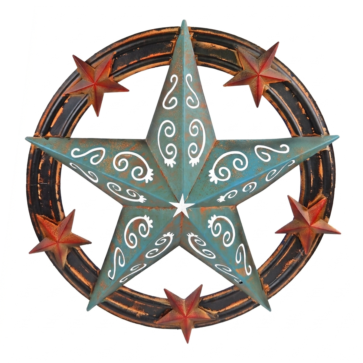 Large Metal Barn Star Wall Decor Filigree Turquoise Red Rust Accents 25 inch