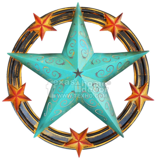 Large Metal Barn Star With Ring Filigree Cutouts Turquoise Red Rust Accents 25 inch
