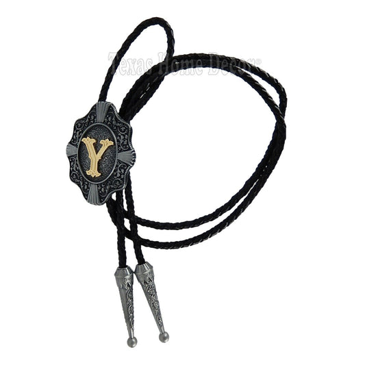 Initial Letter "Y" Bolo Tie Western 38" Genuine Leather Cord Detailed Tips