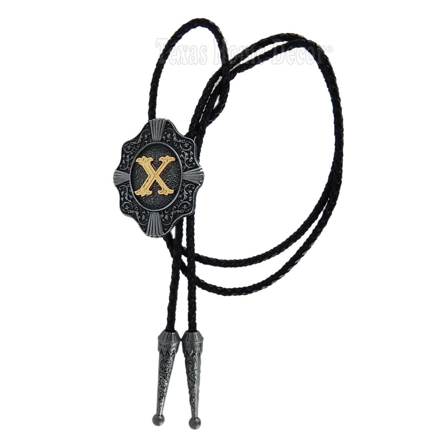 Initial Letter "X" Bolo Tie Western 38" Genuine Leather Cord Detailed Tips