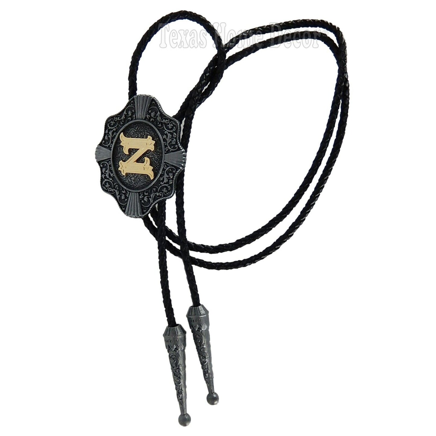 Initial Letter "Z" Bolo Tie Western 38" Genuine Leather Cord Detailed Tips