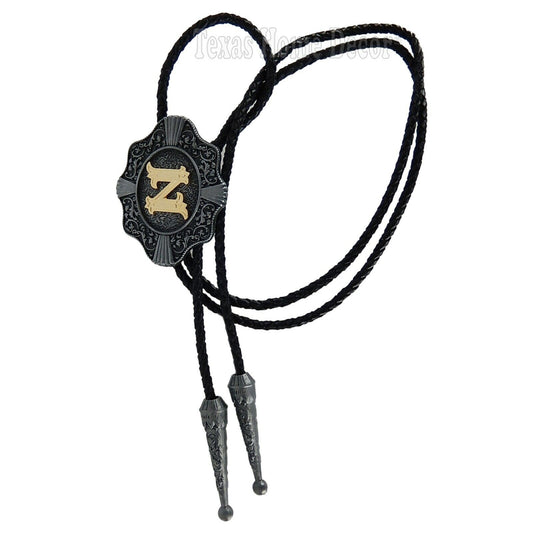 Initial Letter "Z" Bolo Tie Western 38" Genuine Leather Cord Detailed Tips