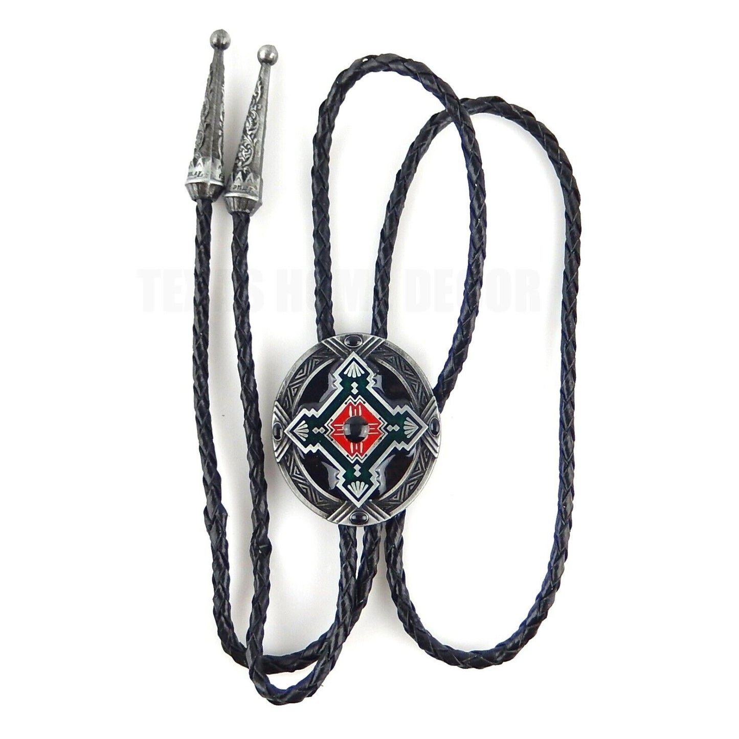 Oval Geometric Bolo Tie Southwestern Antique Silver 40" Adjustable Leather Cord
