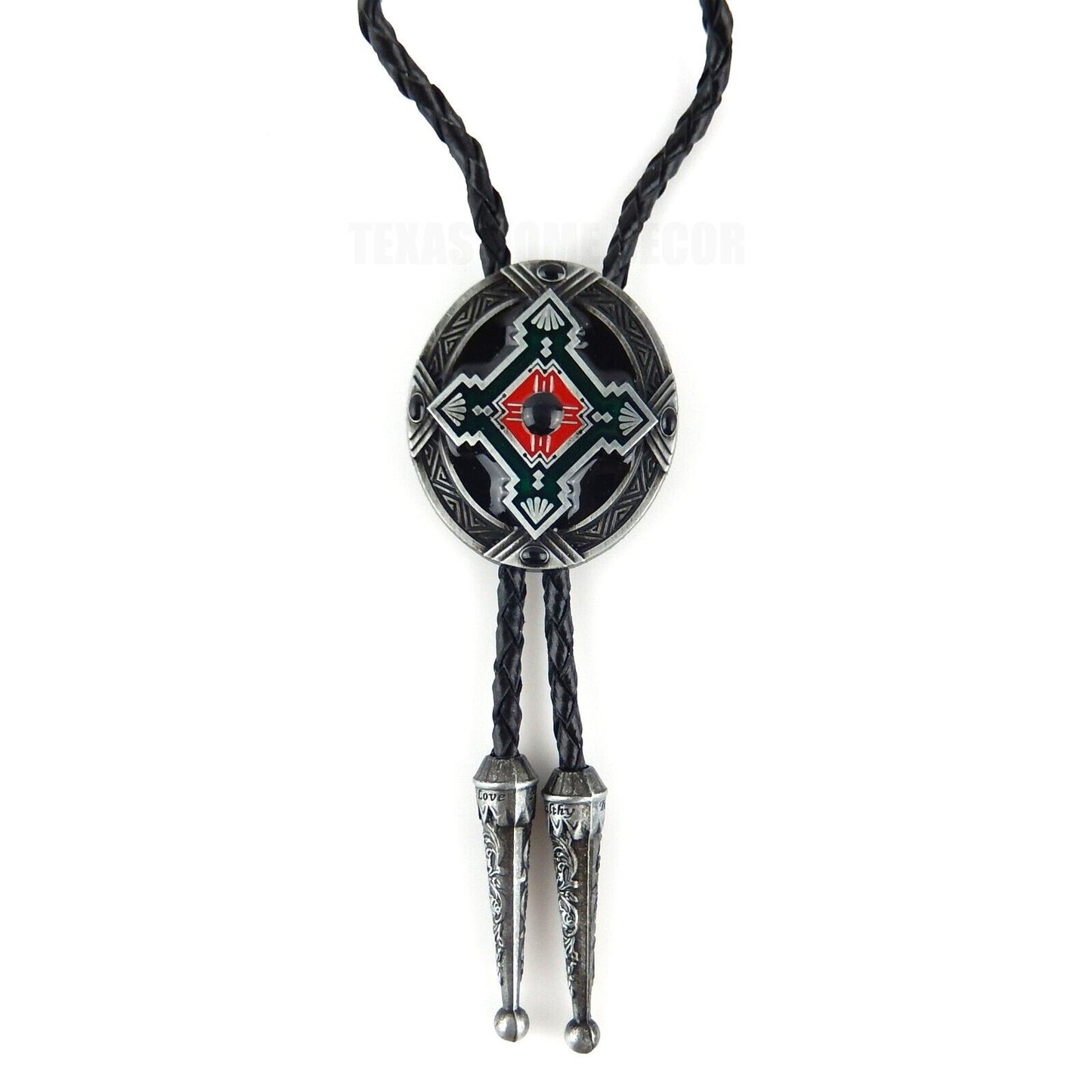 Oval Geometric Bolo Tie Southwestern Antique Silver 40" Adjustable Leather Cord