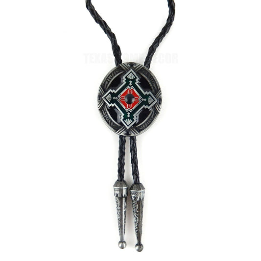Oval Geometric Bolo Tie Southwestern Antique Silver 40" Adjustable Leather Cord