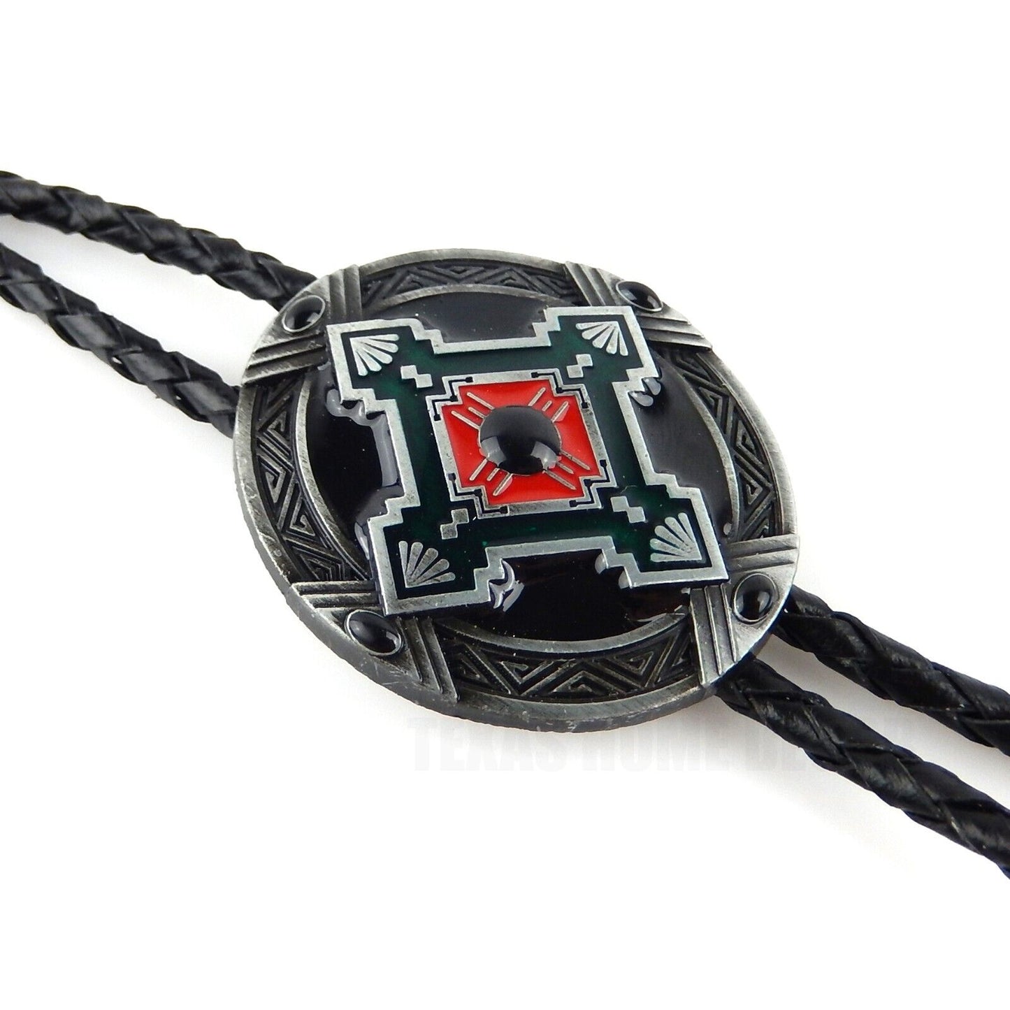 Oval Geometric Bolo Tie Southwestern Antique Silver 40" Adjustable Leather Cord