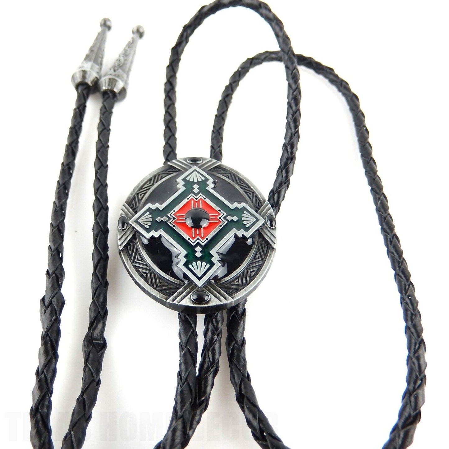 Oval Geometric Bolo Tie Southwestern Antique Silver 40" Adjustable Leather Cord