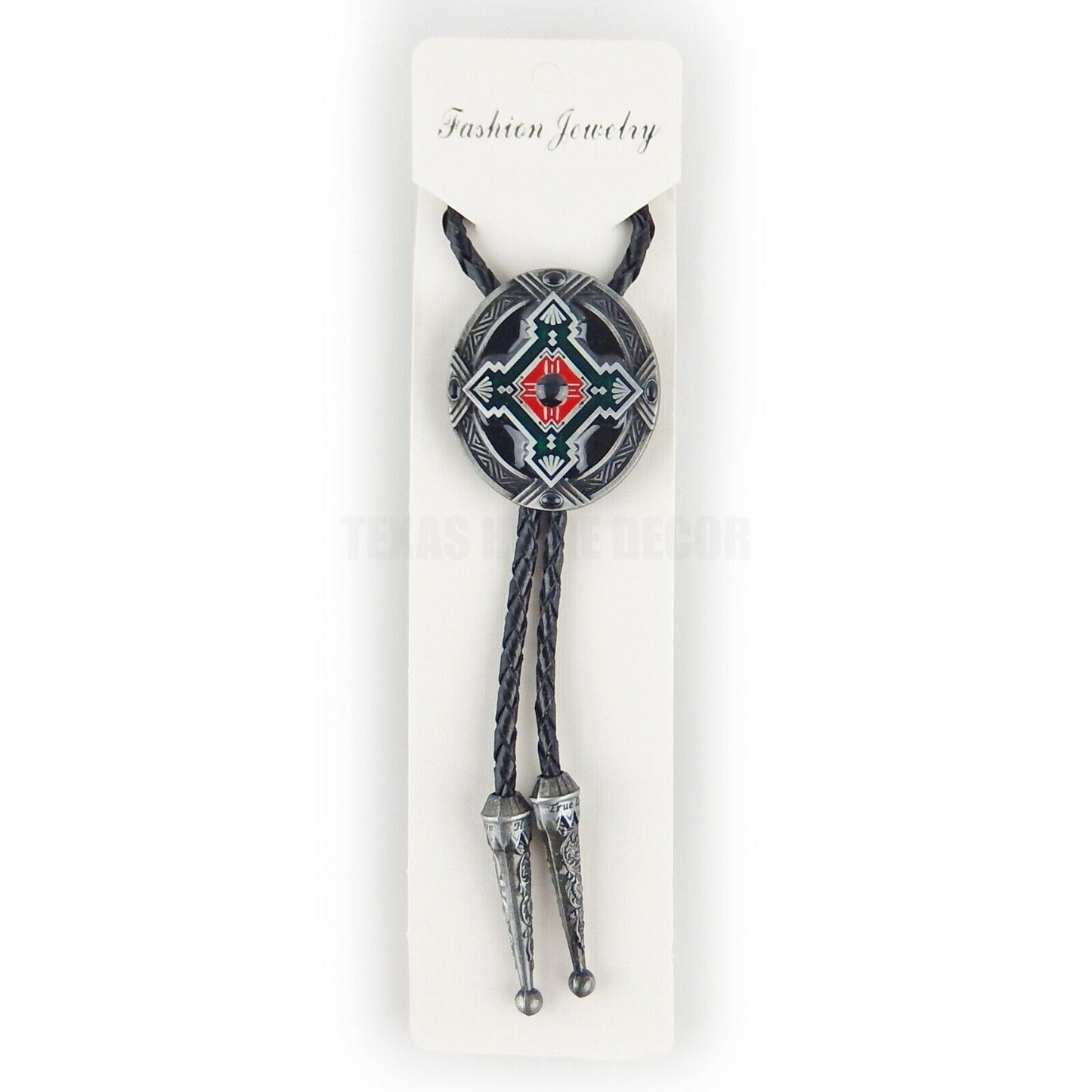 Oval Geometric Bolo Tie Southwestern Antique Silver 40" Adjustable Leather Cord
