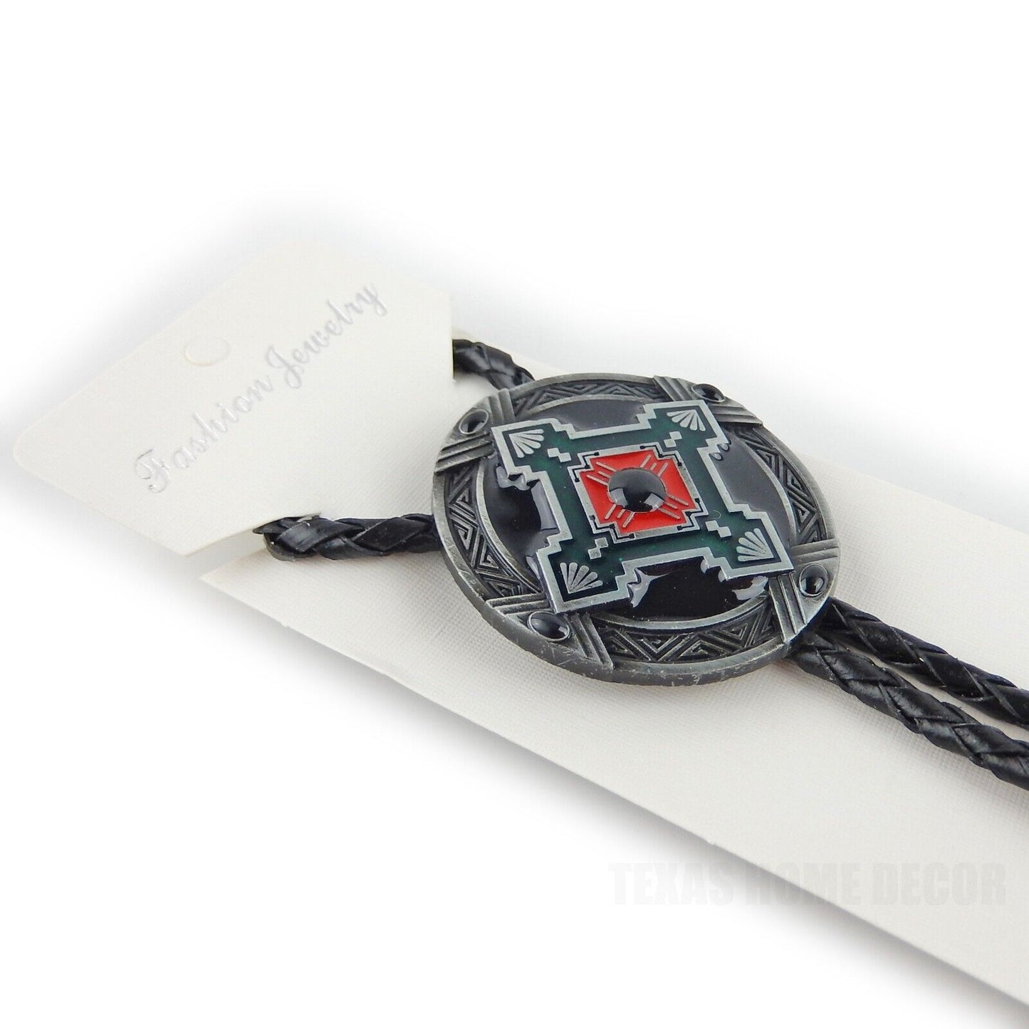 Oval Geometric Bolo Tie Southwestern Antique Silver 40" Adjustable Leather Cord