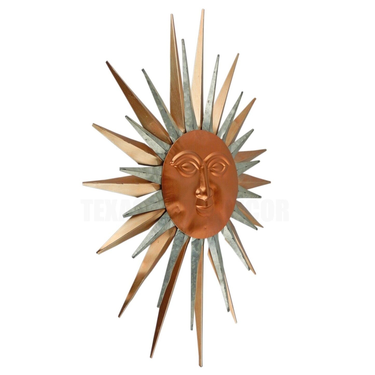 Large Garden Metal Sun Face Wall Decor Metallic Silver and Copper Rays 32" x 22"