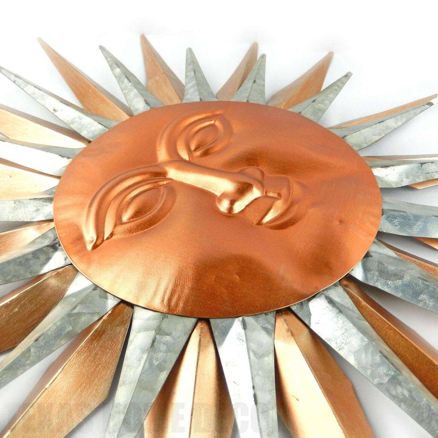 Large Garden Metal Sun Face Wall Decor Metallic Silver and Copper Rays 32" x 22"