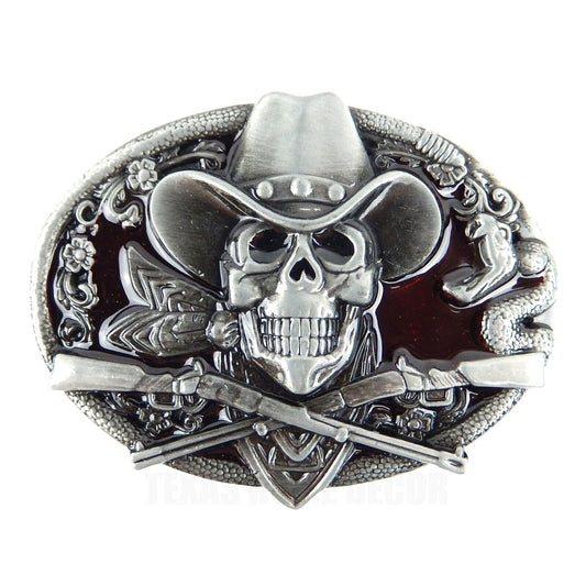 Dead Cowboy Belt Buckle Skull Guns Rattlesnake Red Enamel Inlay Fits 1.5" Belts