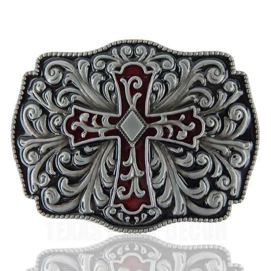 Floral Cross Belt Buckle Antique Silver Tone Fits 1.5" Belts Red Black Enamel