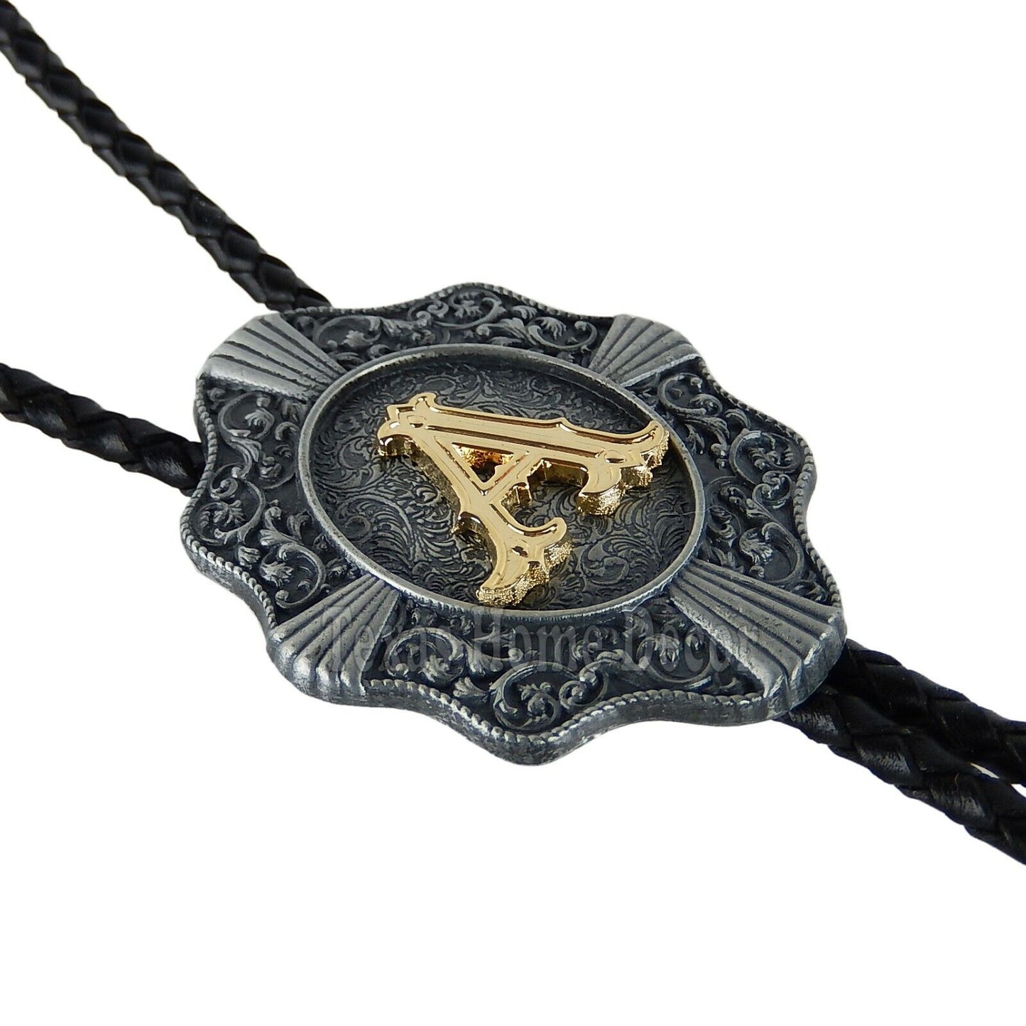 Initial Letter "A" Bolo Tie Western 38" Genuine Leather Cord Detailed Tips