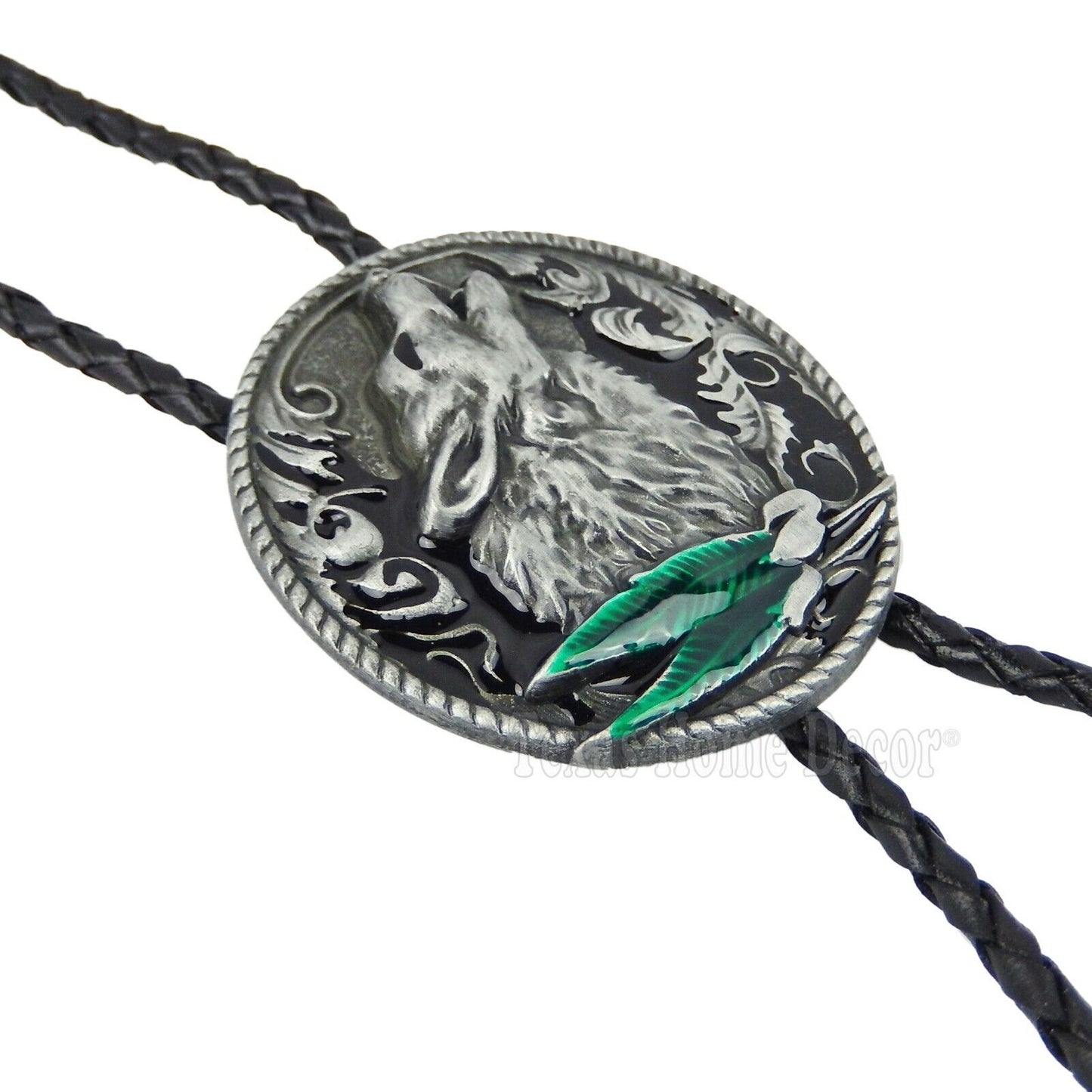 Howling Wolf Bolo Tie Silver Tone 42" Leather Cord Color Enamel Detailed Tips
