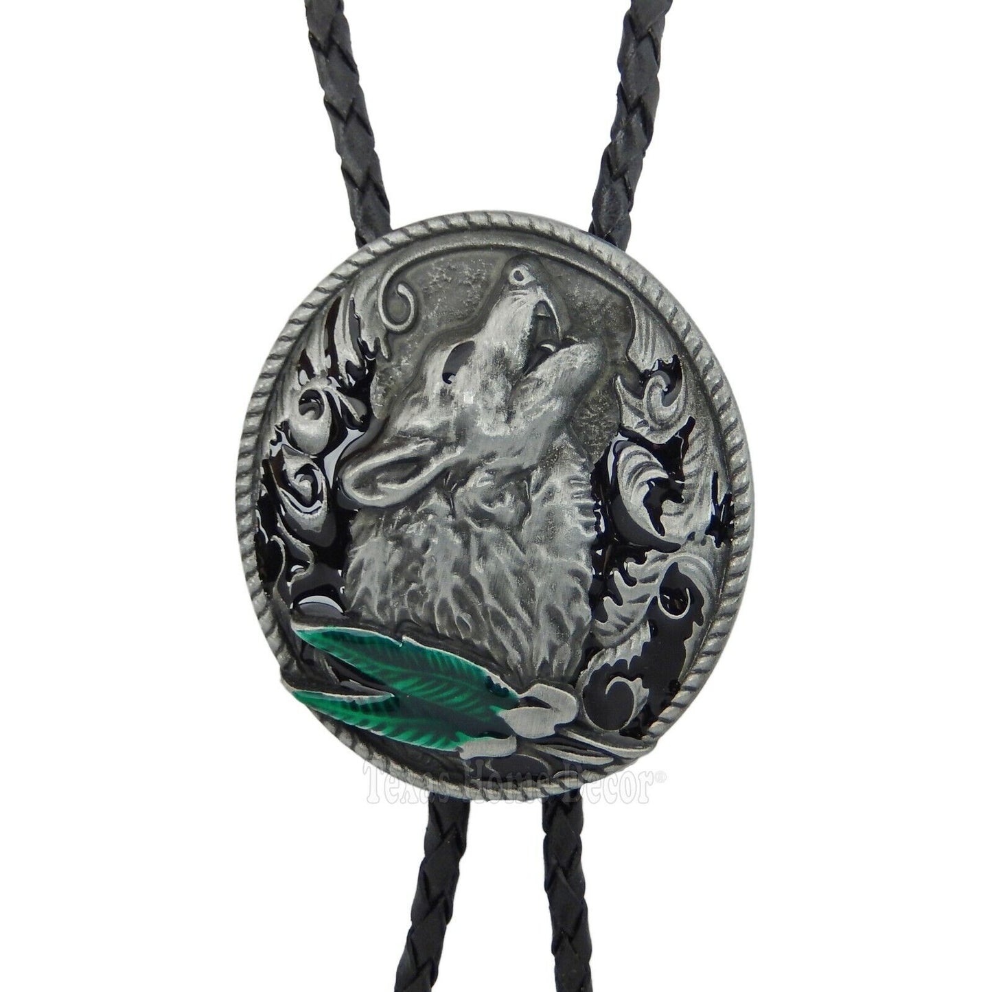 Howling Wolf Bolo Tie Silver Tone 42" Leather Cord Color Enamel Detailed Tips
