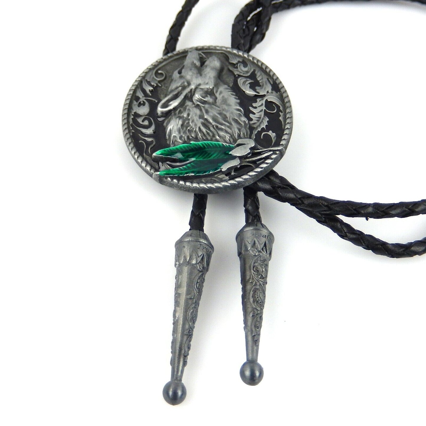 Howling Wolf Bolo Tie Silver Tone 42" Leather Cord Color Enamel Detailed Tips