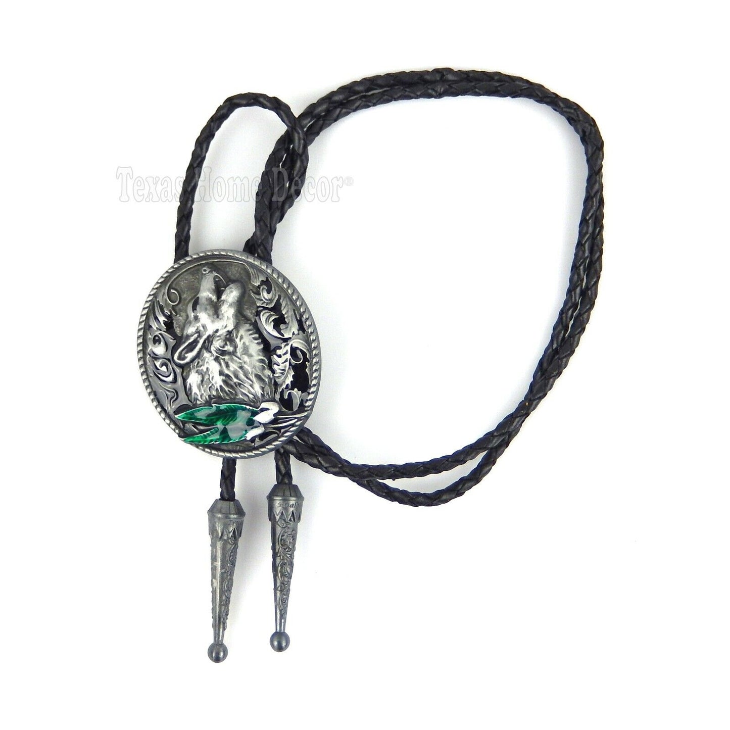 Howling Wolf Bolo Tie Silver Tone 42" Leather Cord Color Enamel Detailed Tips