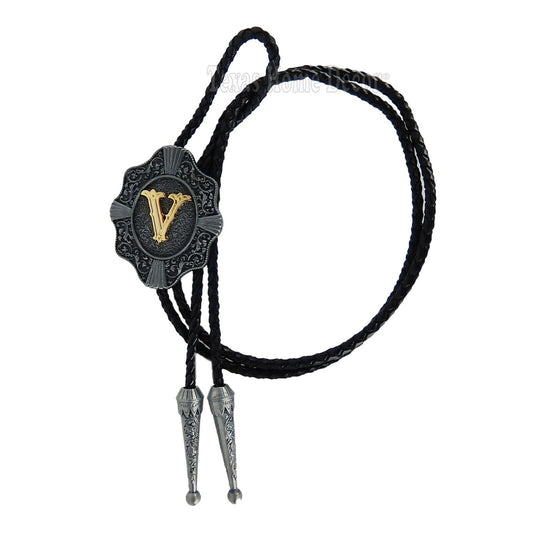 Initial Letter "V" Bolo Tie Western 38" Genuine  Leather Cord Detailed Tips