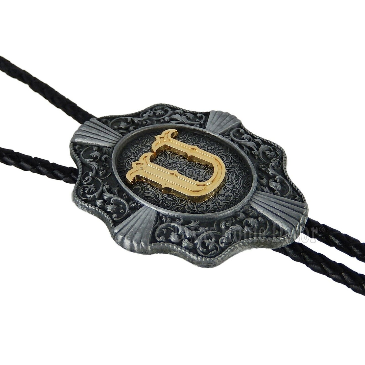 Initial Letter "U" Bolo Tie Western 38" Genuine Leather Cord Detailed Tips