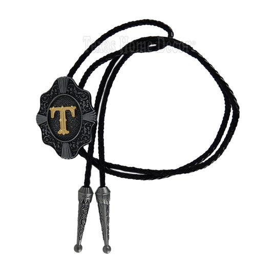 Initial Letter "T" Bolo Tie Western 38" Genuine  Leather Cord Detailed Tips