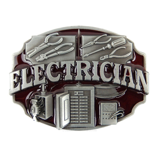 Electrician Men's Belt Buckle Antique Silver Red Enamel Fits 1.5" Belt Width