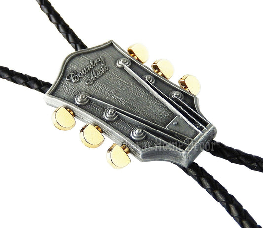 Guitar Head Bolo Tie Gold Plated Pegs 38" Adjustable Leather Cord  Detailed Tips