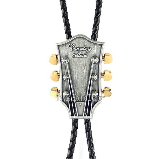 Guitar Head Bolo Tie Gold Plated Pegs 38" Adjustable Leather Cord  Detailed Tips
