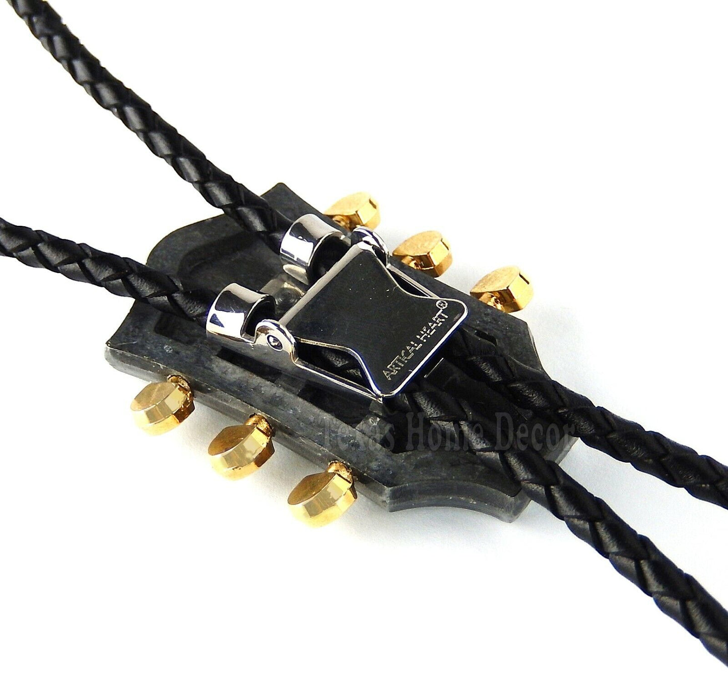 Guitar Head Bolo Tie Gold Plated Pegs 38" Adjustable Leather Cord Detailed Tips