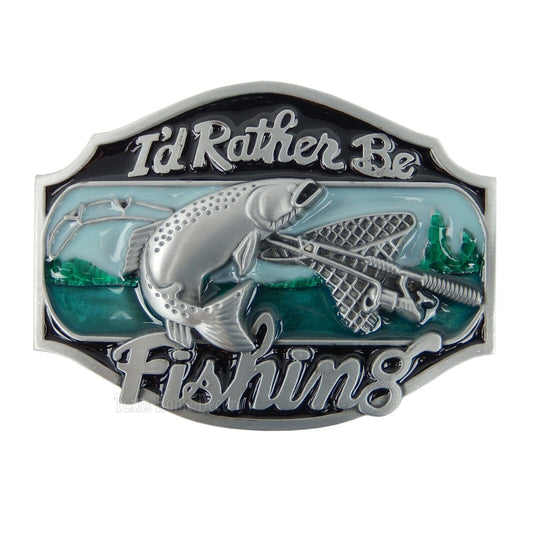 I'd Rather Be Fishing Belt Buckle Antique Silver Enamel Inlay Fits 1.5" Belts