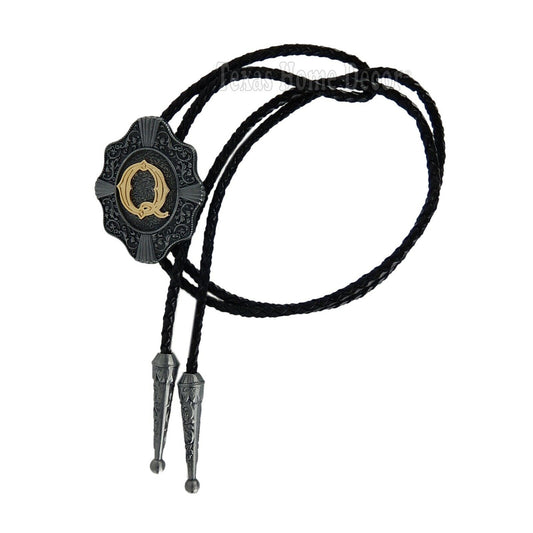 Initial Letter "Q" Bolo Tie Western 38" Genuine Leather Cord Detailed Tips