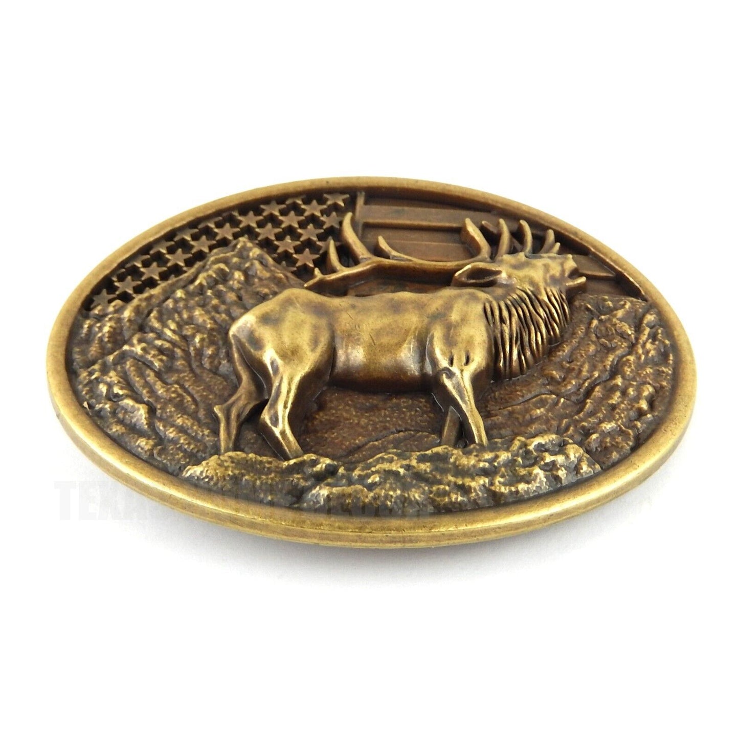 Elk Deer American Flag Belt Buckle USA Hunter Antique Bronze Fits 1.5" Belts