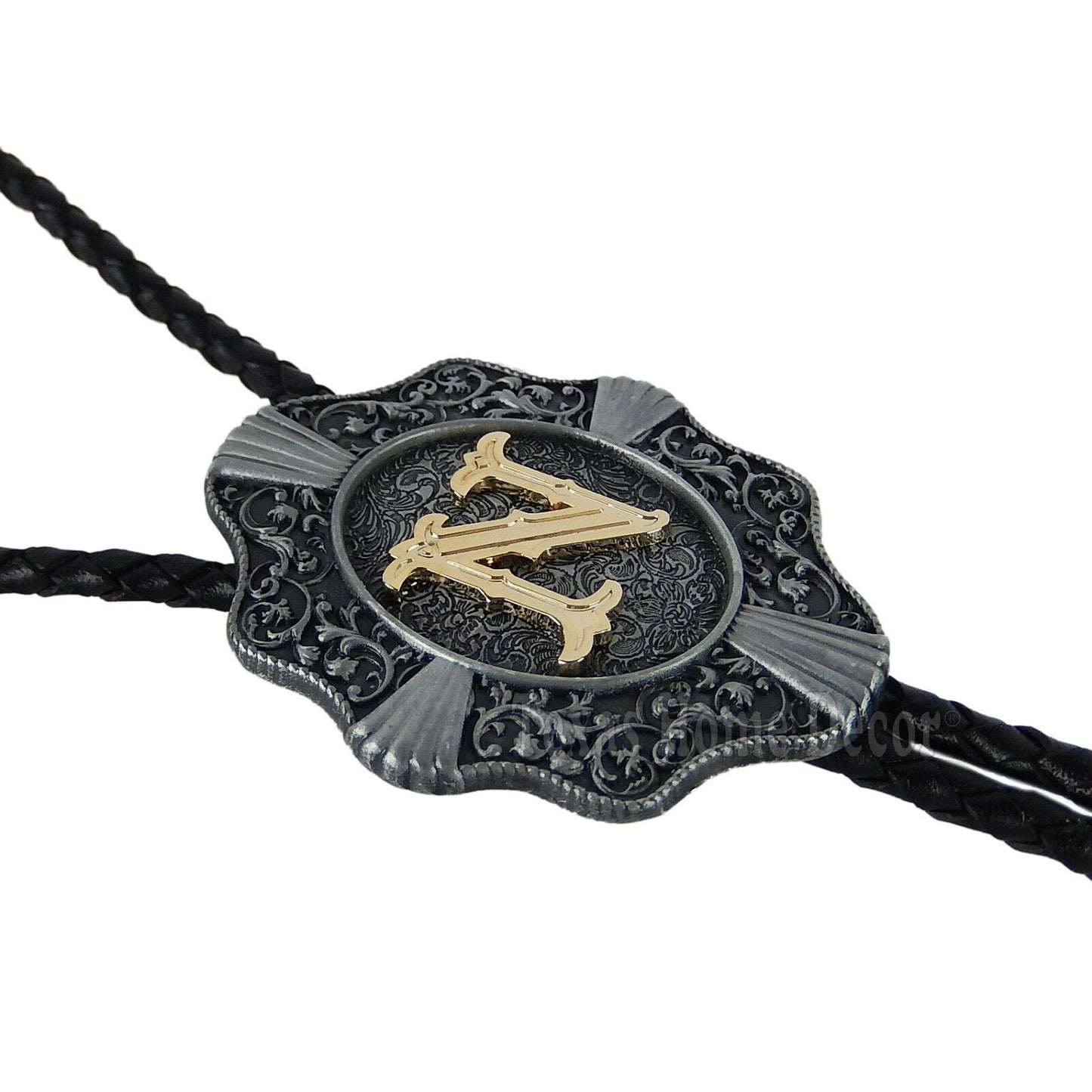 Initial Letter "N" Bolo Tie Western 38" Genuine Leather Cord Detailed Tips