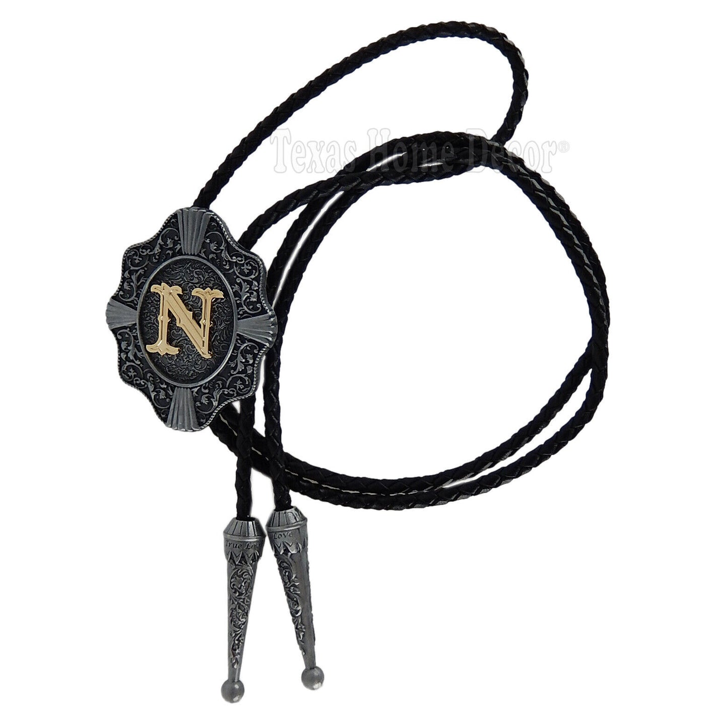 Initial Letter "N" Bolo Tie Western 38" Genuine Leather Cord Detailed Tips
