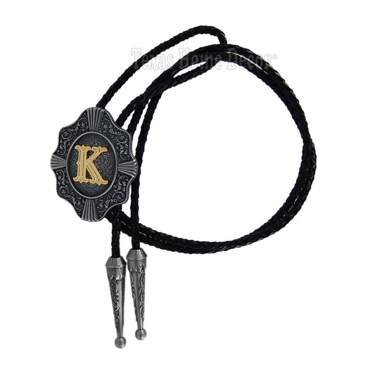 Initial Letter "K" Bolo Tie Western 38" Genuine  Leather Cord Detailed Tips