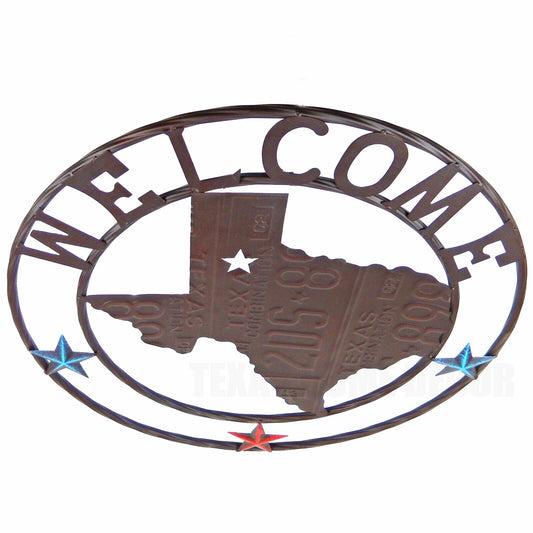 Metal Texas Map Welcome Plaque Sign Rustic Western Wall Decor License Plate 24"