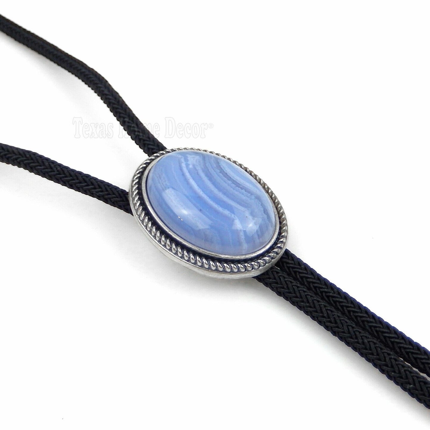 Blue Agate Bolo Tie Oval Stone Real Silver Plated 36" Adjustable Fiber Cord