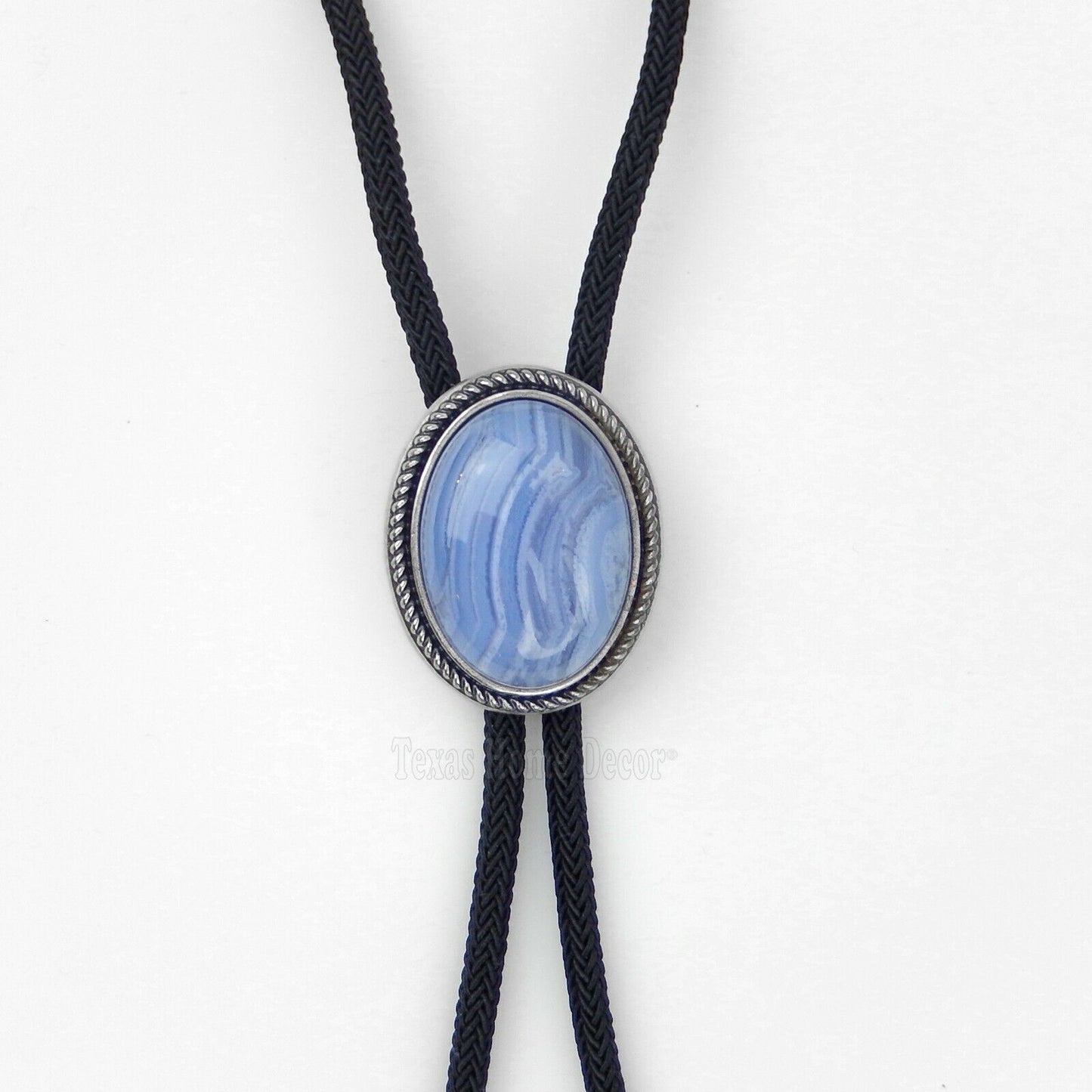 Blue Agate Bolo Tie Oval Stone Real Silver Plated 36" Adjustable Fiber Cord