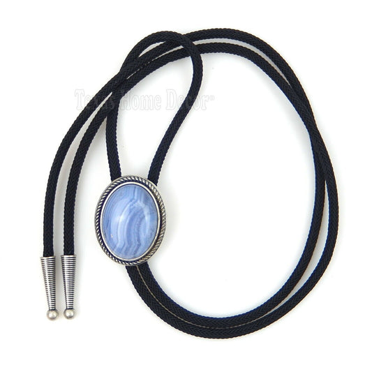 Blue Agate Bolo Tie Oval Stone Real Silver Plated 36" Adjustable Fiber Cord