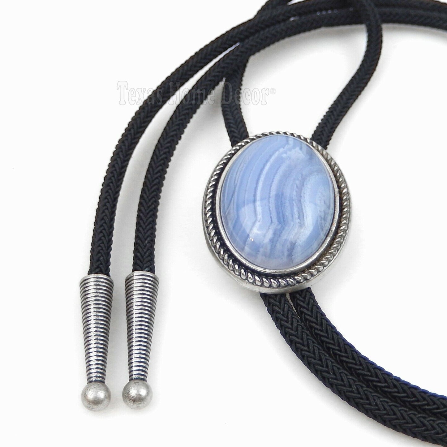 Blue Agate Bolo Tie Oval Stone Real Silver Plated 36" Adjustable Fiber Cord
