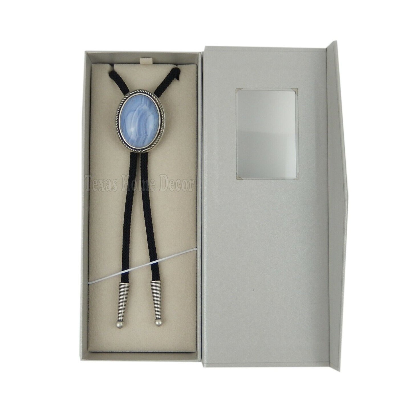 Blue Agate Bolo Tie Oval Stone Real Silver Plated 36" Adjustable Fiber Cord