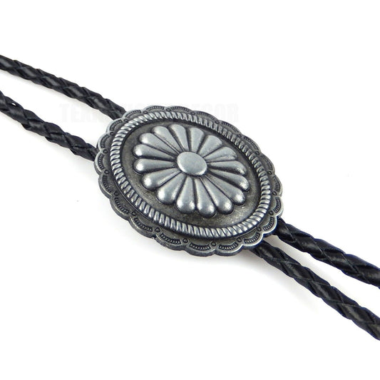 Oval Floral Scalloped  Concho Bolo Tie 40" Leather Cord Antique Silver Tone
