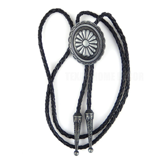 Oval Floral Scalloped  Concho Bolo Tie 40" Leather Cord Antique Silver Tone