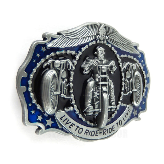 Motorcycle Belt Buckle Live to Ride Ride to Live Eagle Chain Silver Tone Enamel