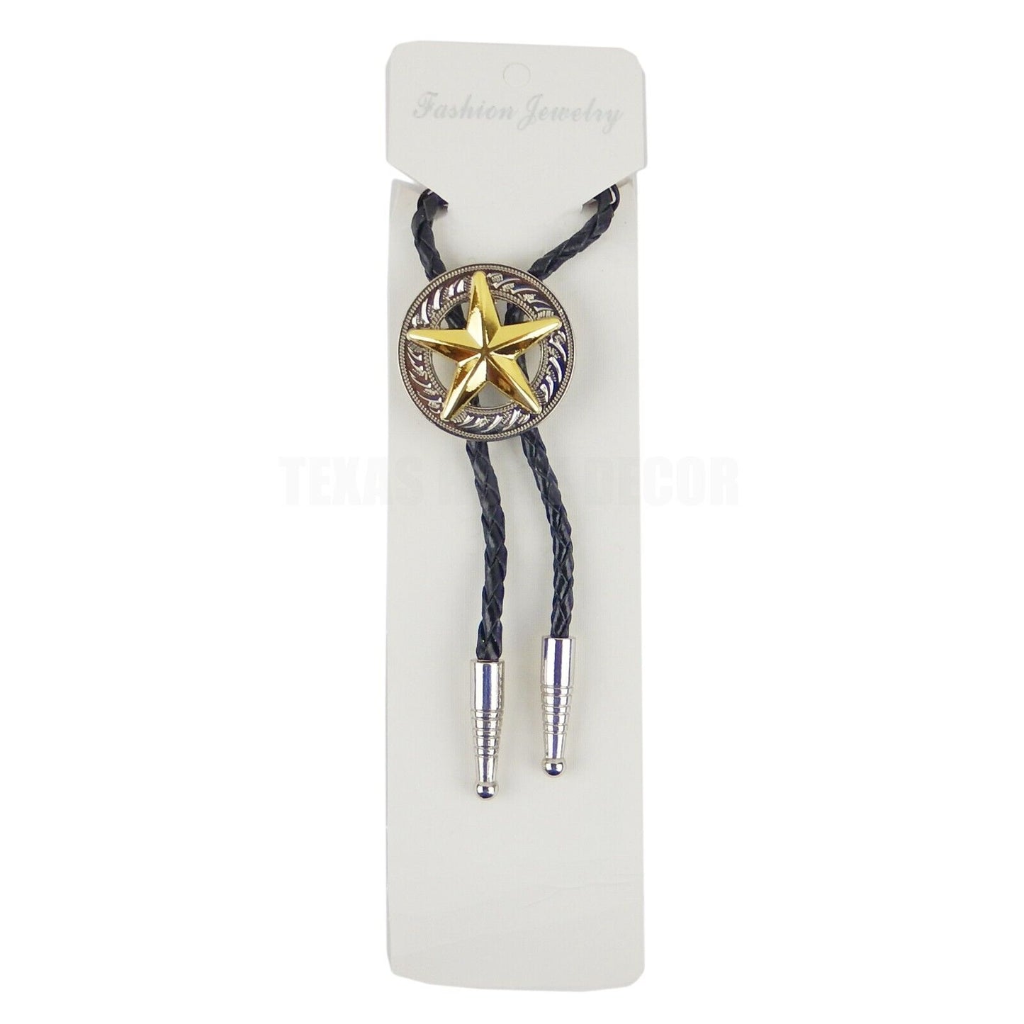 Gold Texas Star Silver Concho Bolo Tie 40" Adjustable Genuine Leather Cord