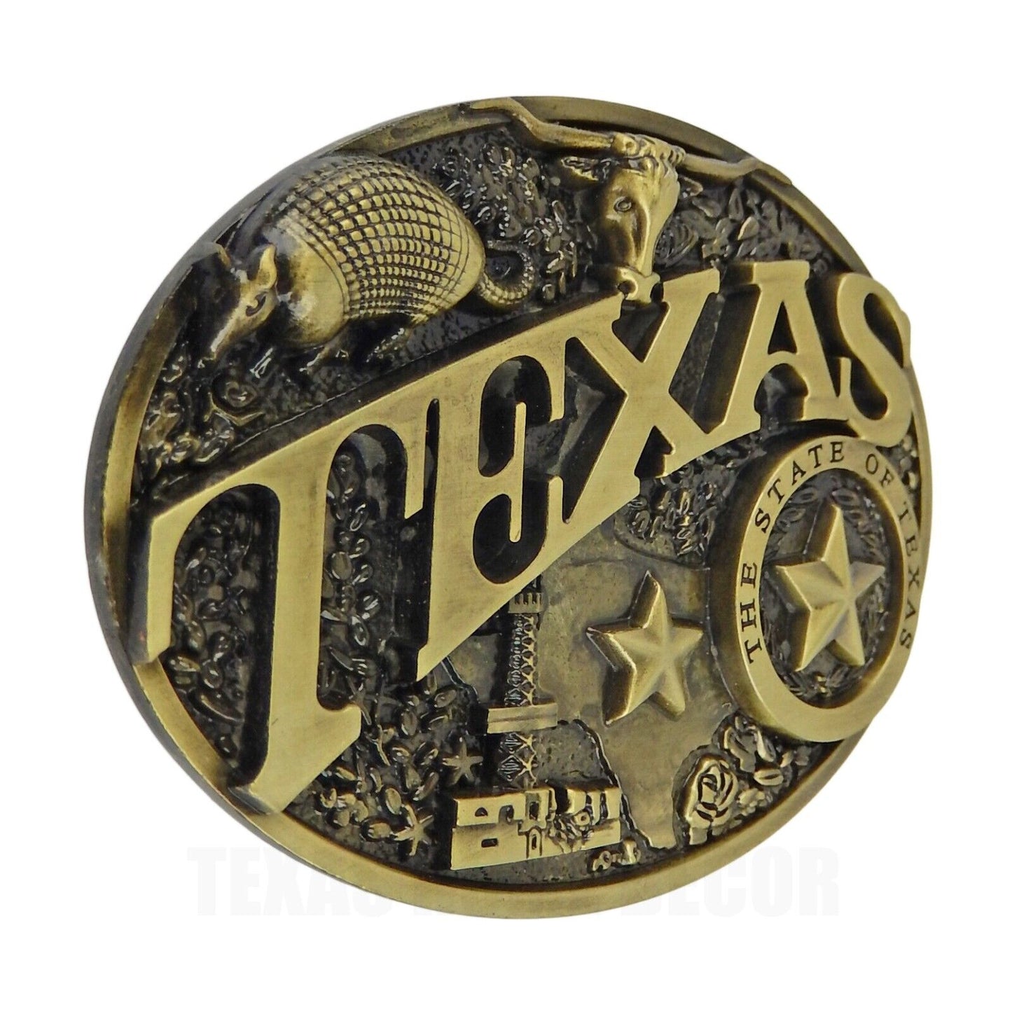 Texas Themed Men's Belt Buckle Armadillo Longhorn Star Bronze Fits 1.5" Belts