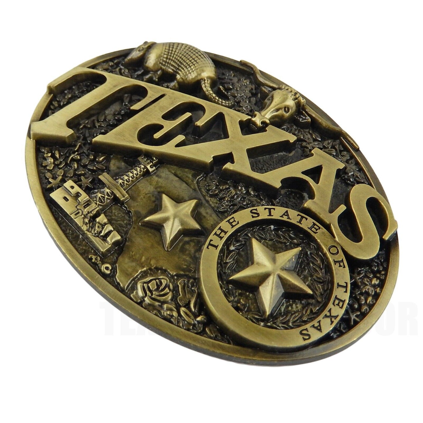 Texas Themed Men's Belt Buckle Armadillo Longhorn Star Bronze Fits 1.5" Belts