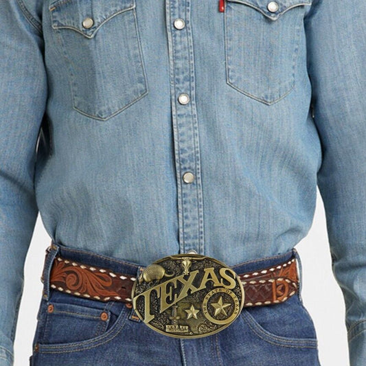 Texas Themed Men's Belt Buckle Armadillo Longhorn Star Bronze Fits 1.5" Belts