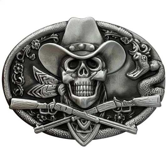 Dead Cowboy Belt Buckle Skull Crossed Guns Rattlesnake Western Fits 1.5" Belt