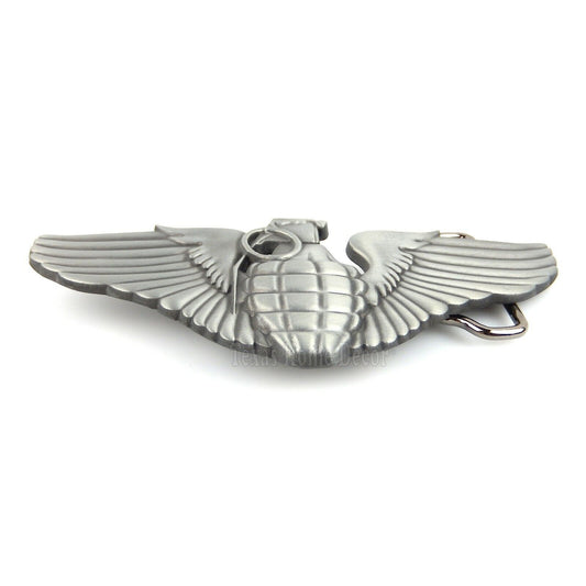 Grenade Angel Wings Belt Buckle Military Memorial Silver Tone Fits 1.5" Belt